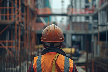 Construction worker in hardhat and safety vest at building site in a professional photograph