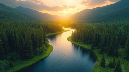 Sticker - Winding River Through Lush Forest at Sunset.