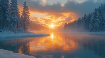 Canvas Print - Golden Sunset Over a Frozen River in a Winter Forest.