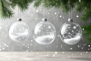 realistic glass christmas balls with snow vector set, crystal spheres with snowflakes for decoration