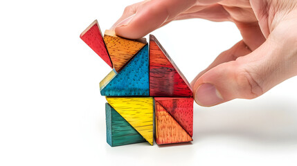 Wall Mural - male hand build model of House Made Of Wooden colorful Tangram Puzzle. isolated on white background.