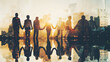 © Ayan - Double exposure panoramic teamwork business join hand together with silhouette business people and modern city background