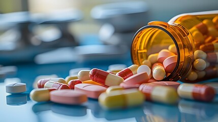 Colorful assorted pills spilled from a prescription bottle on a bright blue surface.