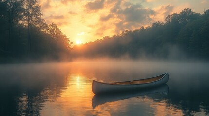 Poster - Canoe on a Misty Lake at Sunrise.