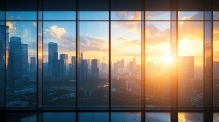 Wall Mural - Cityscape View Through Window at Sunset.