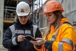 © Yurij - Female engineer supervising construction with worker using tablet for monitoring on site