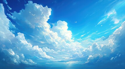 Wall Mural - Beautiful Cloudscape with a Single Bird in a Bright Blue Sky.