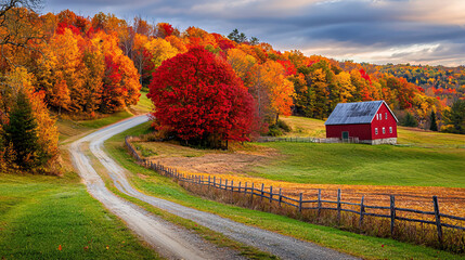 A scenic shot of a fall landscape with vibrant autumn colors