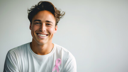 Attractive man smiling in a white shirt with a pink breast cancer awareness ribbon, featuring ample copy space. 