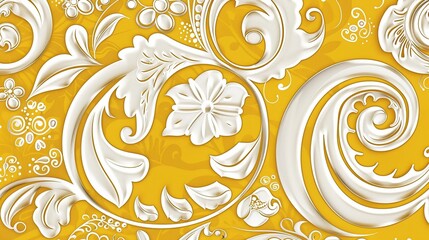 Wall Mural - White floral paisley pattern, yellow background, square border