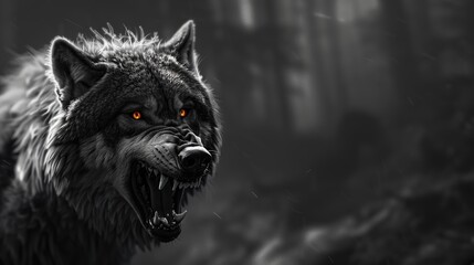 Canvas Print - Wolf snarling with glowing eyes cell shading black and white