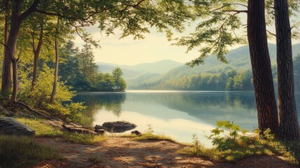 Poster - Tranquil Lake with Forest and Mountains in the Background.