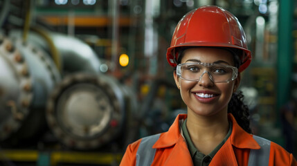 A close-up portrait of a factory lady worker wearing a hard hat and safety goggles. focus on the worker's friendly expression.