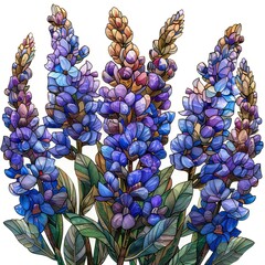 Wall Mural - Intricate stained glass depiction of vibrant blue lupine flowers with detailed leaves, showcasing delicate craftsmanship and artistic design.
