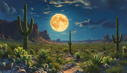 Wall Mural - Full Moon Illuminates a Rugged Landscape with Towering Cacti and Rocky Cliffs, Creating a Serene Nocturnal Scene