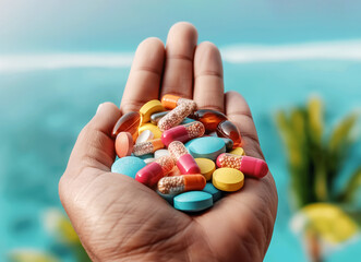 Closeup of a hand holding a variety of colorful pills and capsules suggesting the concept of healthcare and medicine. Blurred blue ocean and sky background with palm tree.