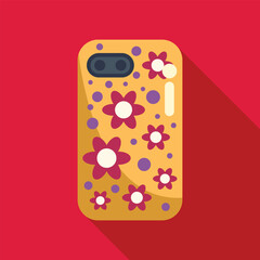 Canvas Print - Image of a yellow phone case with floral pattern showing camera lens over a red background