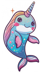 Wall Mural - narwhal unicorn cartoon cute pastel fantasy animal illustration whimsical kawaii ocean underwater marine creature horn magical playful happy 