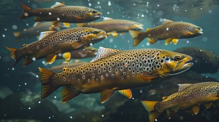 Wall Mural - Create a photo realistic school of large brown trout in deep water, 