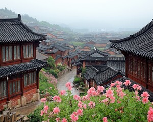 Scenic view of a traditional Chinese village with classical architecture, lush greenery, and vibrant pink flowers on a misty day