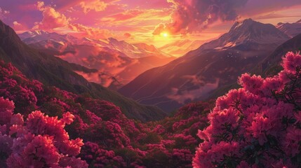 Wall Mural - A mesmerizing landscape, sunset mountains adorned with vibrant rhododendron flowers