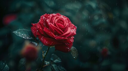 Poster - A Red Rose Flower With Water Drop In Dark