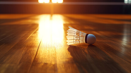 Close-up badminton action on a wooden court