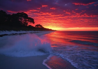 Wall Mural - Spectacular Sunset at the Beach with Vibrant Sky, Crashing Waves, and Silhouetted Trees Creating Stunning Coastal Scenery