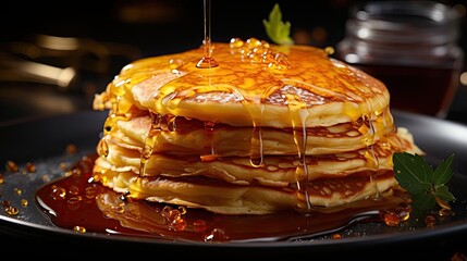 Wall Mural - Close-Up of pile of pancakes with melted sweet syrup and fruit toppings with a blurred background