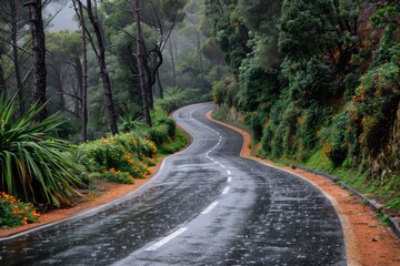 Wall Mural - Wet Winding Road Through a Lush Forest