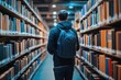 © NikahGeh - A lone student walks between towering bookshelves in a library.