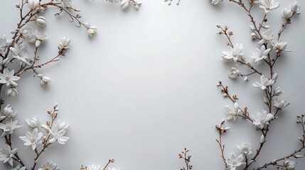 Poster - Circle made of white flowers and branches copy space