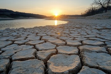 Wall Mural - Sunset Over Cracked Earth and Lake Water