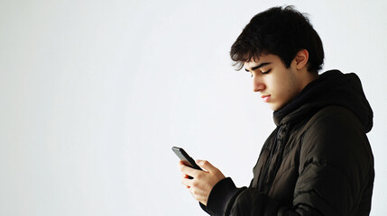 A person holding a mobile phone on a white background, representing modern communication and technology usage.