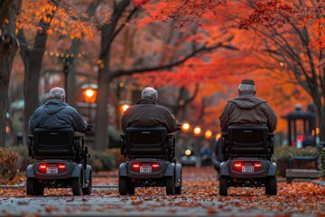 Wall Mural - Three Senior Citizens Riding Mobility Scooters Through an Autumnal Park