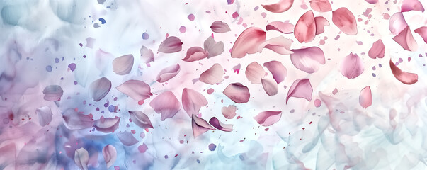 Wall Mural - Abstract Artistic Background with Floating Pink and Purple Petals on a Soft Pastel Gradient