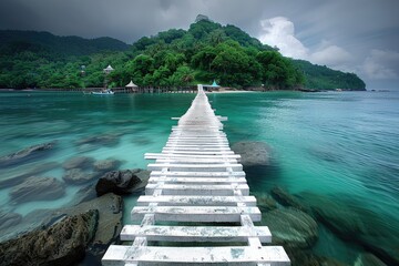 Poster - Wooden Bridge Leading to Tropical Island with Clear Blue Water