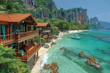 Poster - Wooden Cabins on a Tropical Beach with Limestone Cliffs