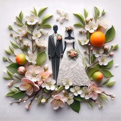 Sticker - Design of bride and groom with bouquet of flowers