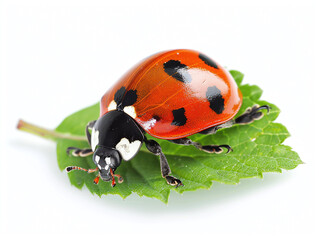 ladybug on green leave isolated on white background