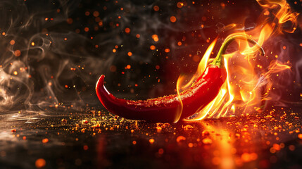 Red chili with burning fire flame on black background