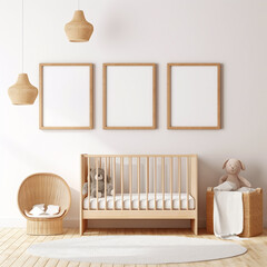 Nursery room interior with three blank frames above a crib