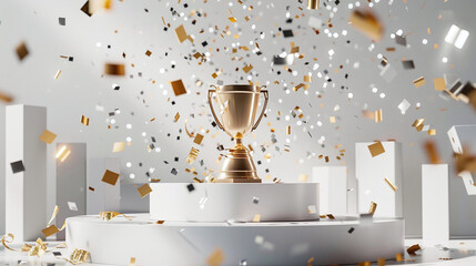 gold trophy on a podium with a raining of confetti over a grey background.