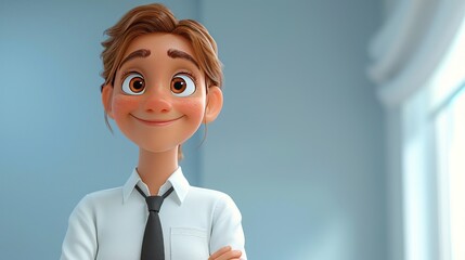 A cheerful animated character in a business attire, smiling confidently.