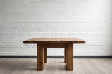 Wall Mural - Wooden Table Against a White Brick Wall