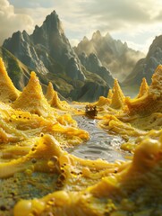 Wall Mural - A surreal landscape featuring yellow mountains and a river, evoking a dreamlike atmosphere.