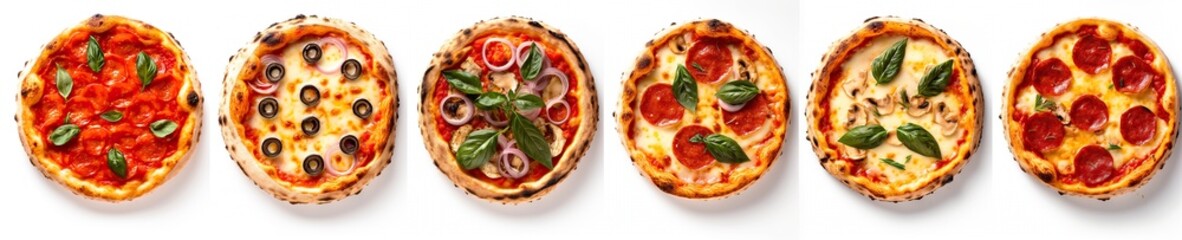 Set of pizzas isolated on a white background. Top view.