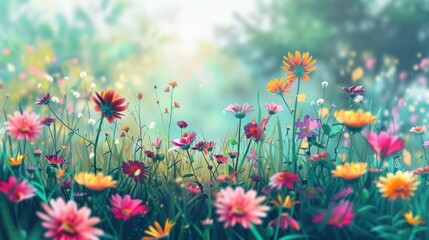 Poster - Nature floral background in early summer. Colorful natural spring landscape with with flowers