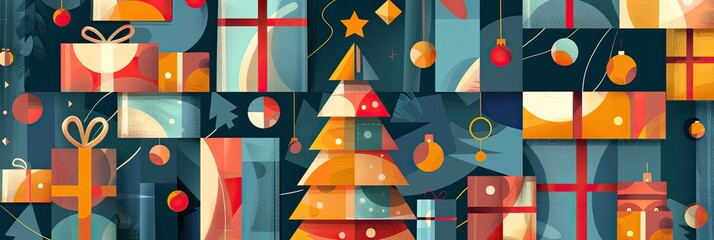 Wall Mural - A Cubist - style illustration of a Christmas tree and presents, using fragmented shapes and contrasting colors to create an abstract, modern look