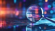 © 69 - Close-up of a magnifying glass over a document, with a digital backdrop highlighting the importance of IT security and risk assessment.